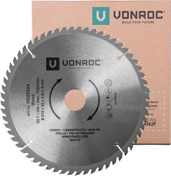 Lame de scie VONROC - Ø216MM - 60 dents - pour bois - convient aux scies circulaires et scies à table