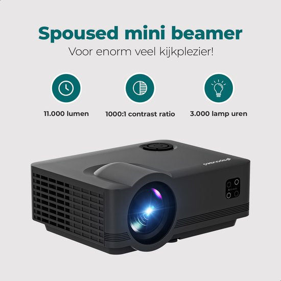 Spoused Beamer - Full-HD - 11 000 Lumens - Streaming depuis votre téléphone avec WiFi - Mini Beamer - Noir