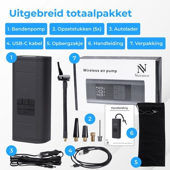 Nuvance - Pompe à pneu à compresseur - 4000mAH - Pompe électrique pour vélo - Compresseur d'air pour voiture, scooter, vélo, ballon et matelas pneumatique - Accessoires inclus - Lampe de poche - PRO