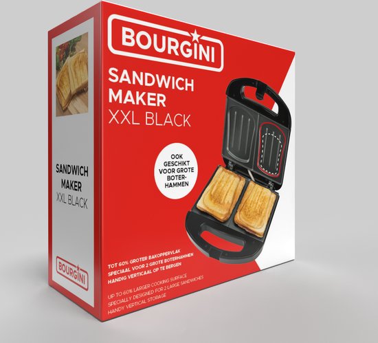 Appareil à sandwichs Bourgini XXL Noir - 800 W - Appareil à croque-monsieur - Gril de table