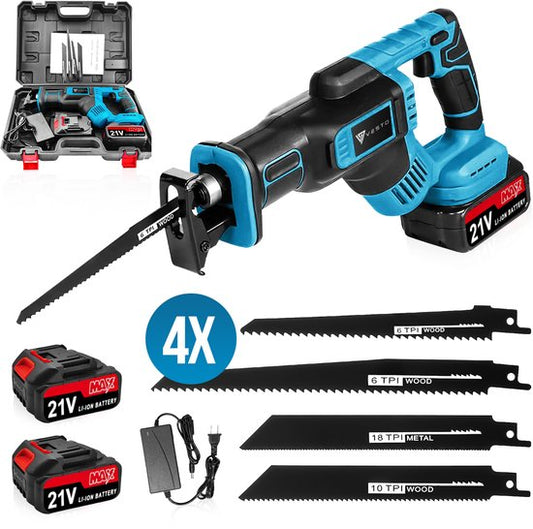 Vesto® Battery Reciprocating Saw - 21V Li-Ion - 2 batteries, lames de scie et étui inclus - course de 25 mm - pour bois, métal et plastique - système de changement rapide - sans fil