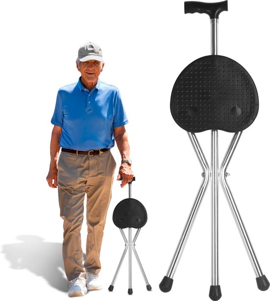 Bâton de marche pliant avec siège - Noir - 90 CM de haut - Pour personnes âgées