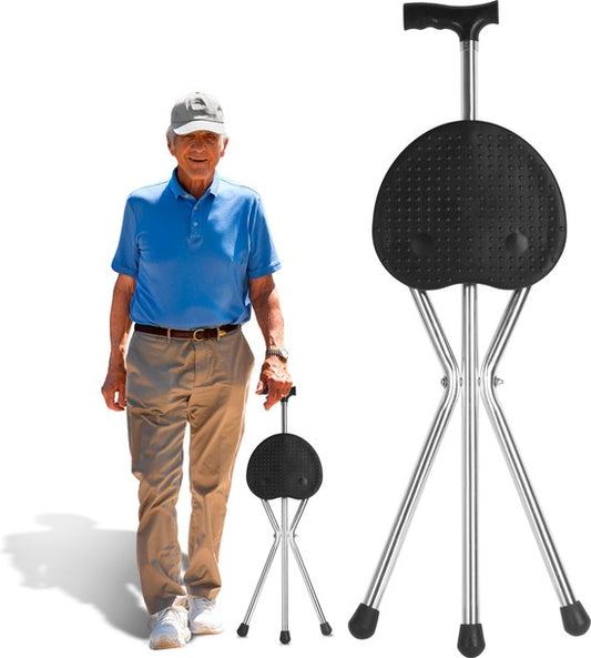 Bâton de marche pliant avec siège - Noir - 90 CM de haut - Pour personnes âgées