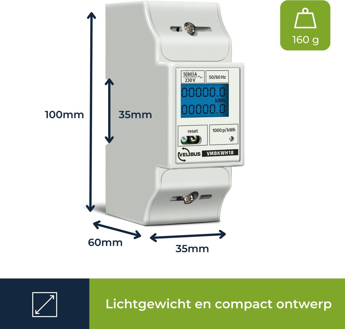 Velleman - Compteur kWh professionnel - monophasé - montage sur rail DIN - 80A - avec compteur journalier réinitialisable - affichage LCD - pour panneaux solaires et chargeurs