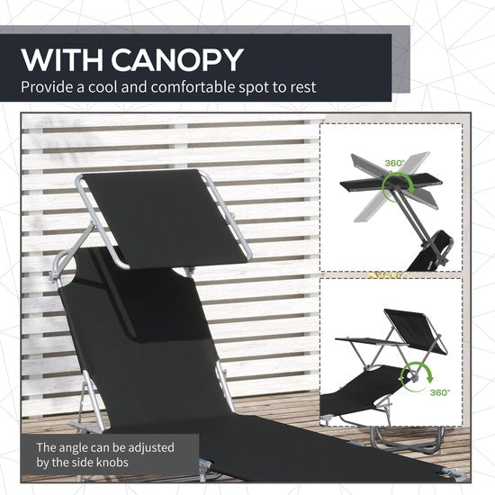 Chaise longue Outsunny - pliable - avec pare-soleil - 4 positions - noir