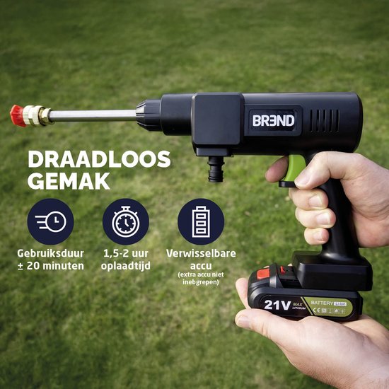 BREND BR-2235 Nettoyeur haute pression sans fil avec batterie et buse réglable - 3 modes de pulvérisation - Pulvérisateur haute pression avec tuyau d'aspiration et bouteille - Noir