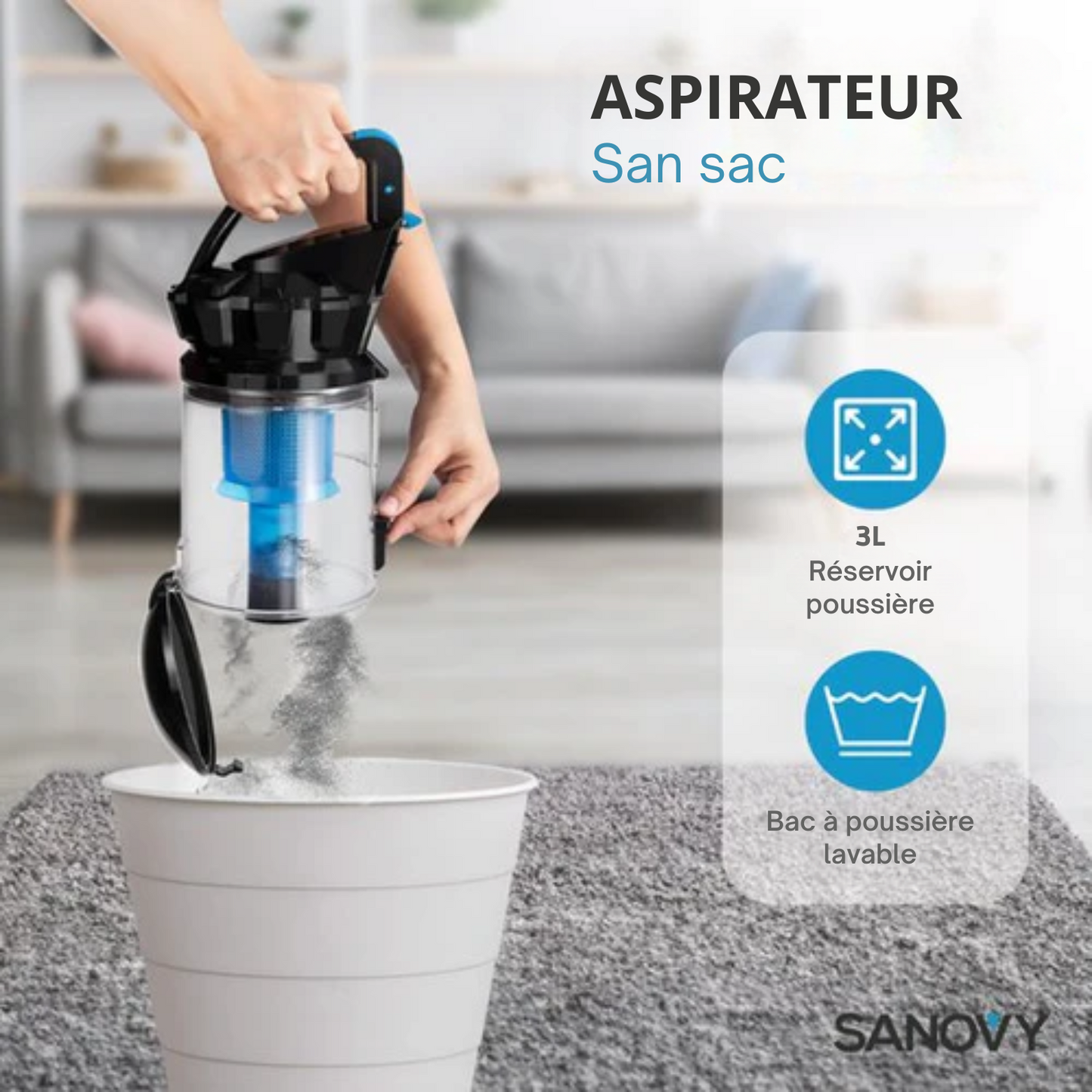 Aspirateur puissant sans sac - Sanovy ProPower - 3L - Compact - Bleu