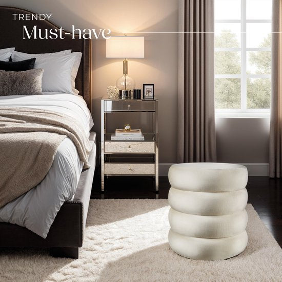 tectake® Tabouret avec rangement - Tabouret scandinave en tissu velours - Tabouret rembourré rond pour coiffeuse, chambre, salon ou comme meuble d'entrée - Tabouret de rangement - crème