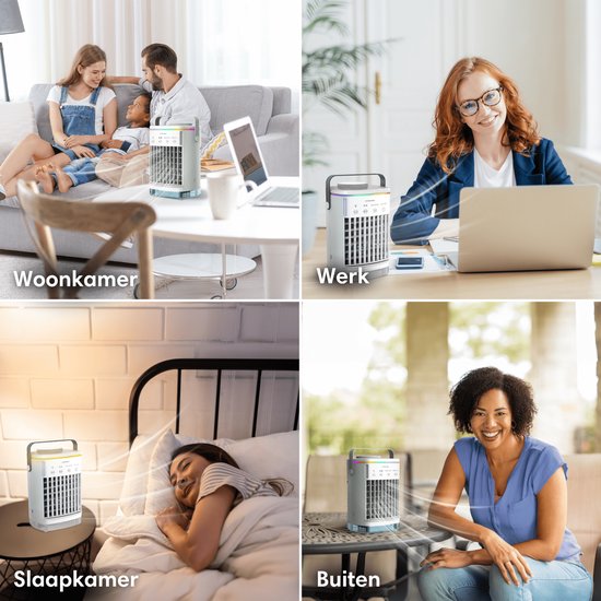 Vulpes Goods® Tech - Mini Airco PRO - Climatiseur mobile - Rafraîchisseur d'air 4en1 - Rafraîchisseur d'air - Ventilateur de table - 4 vitesses de vent, 2 modes d'humidification et minuterie - Etanche - Blanc