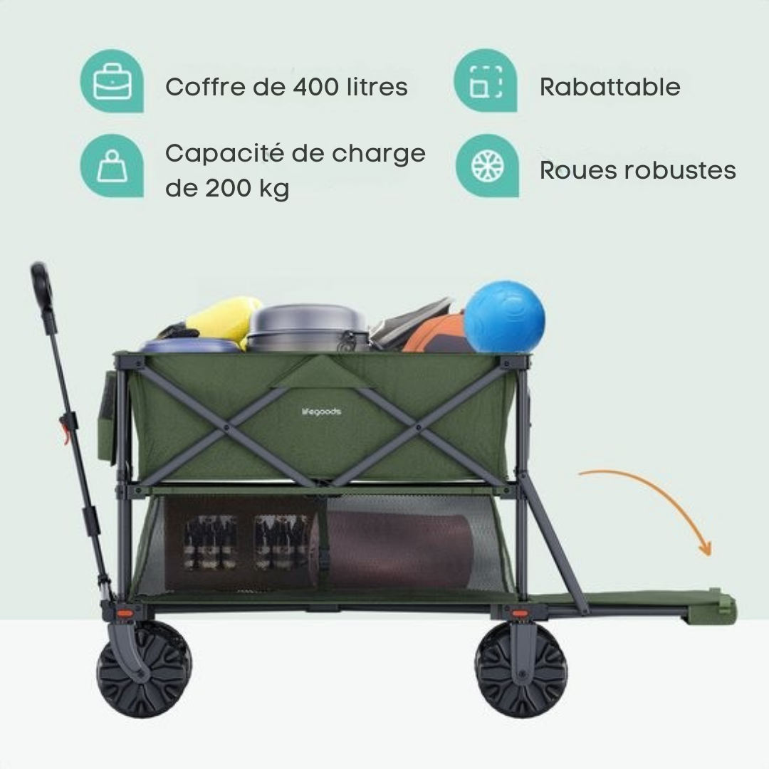LifeGoods Double Wagon - Wagon pliable - 200KG - 400L - Pliable - Avec housse de protection - Vert