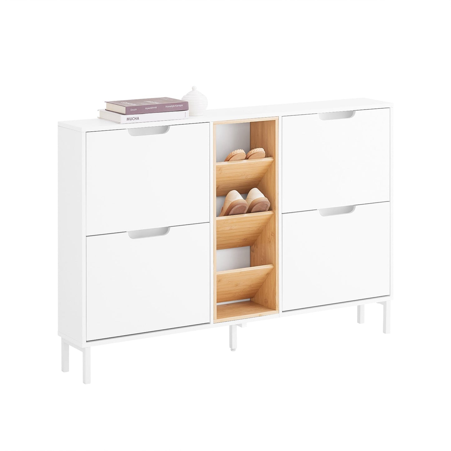 SoBuy Meuble à chaussures FSR183-WN - 4 tiroirs basculants - 3 compartiments ouverts - 126 x 19 x 85 cm - blanc