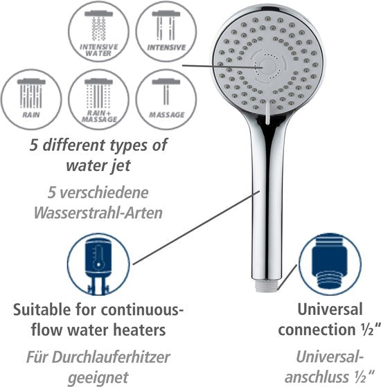 Ensemble de douche à main WENKO Basic 9,5 cm - 5 types de jets - Chromé - Pomme de douche avec flexible