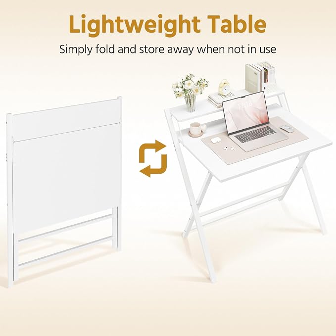 Bureau pliable Yaheetech 80 x 50 cm - Blanc - Bureau d'ordinateur avec support d'écran et étagère de rangement