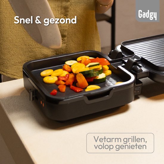 Grill de table Gadgy pivotant à 180° – 3-en-1 – Grill de table et appareil à panini – 1 400 W – Avec plaque antiadhésive amovible et structure rabattable – Régulateur de température – Cuisson allégée en matières grasses – Cooltouch