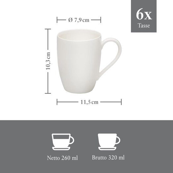 Villeroy & Boch - Vivo Basic - 6 pièces - Basic White - 320 ml - Tasses à café - Avec oreille