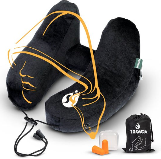 TRAVARA Oreiller gonflable pour la nuque - The Airsnoozer - Oreiller de voyage - Pour l'avion et la voiture - Avec bouchons d'oreilles - Oreiller pour la nuque - Noir