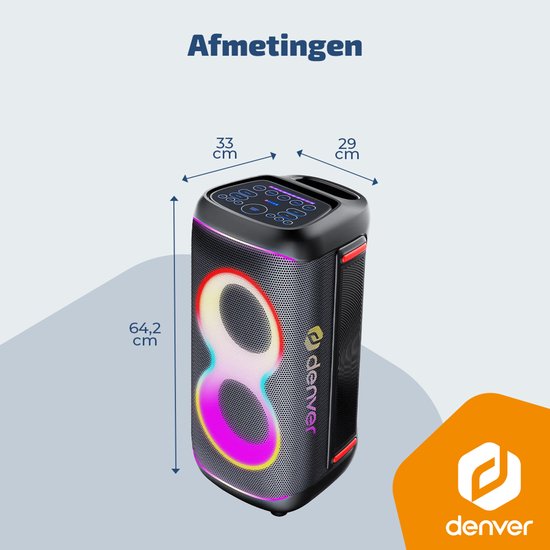 Enceinte Bluetooth Denver Party Box - Lumières disco - Party Box - Microphone inclus - Haut-parleur - BPS370