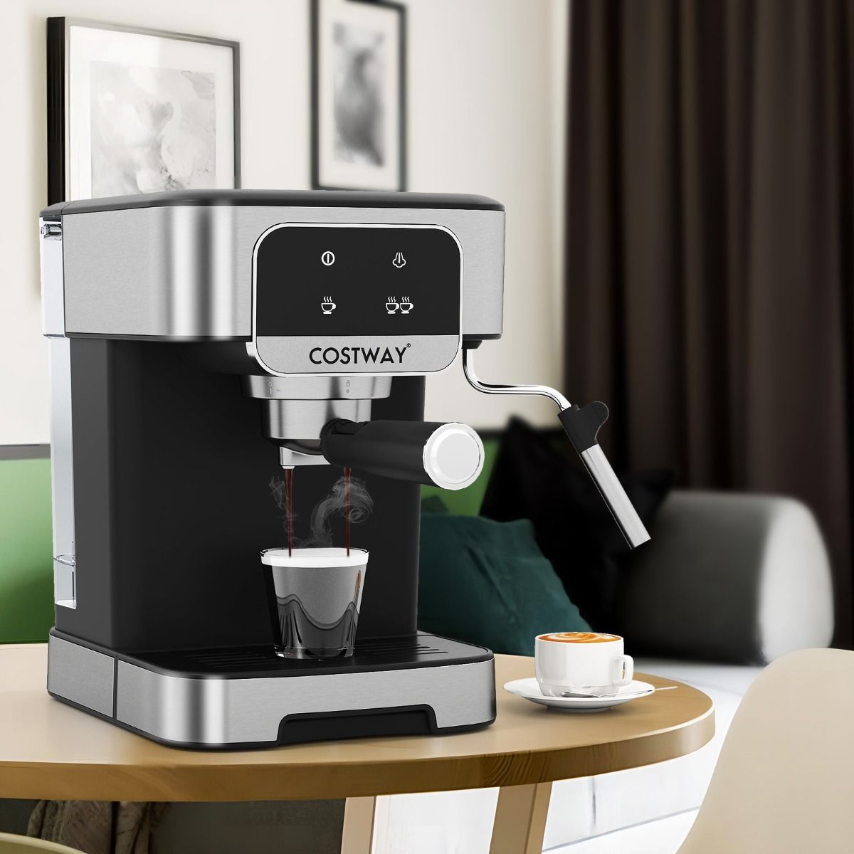 Machine à expresso Coast 20 bars 1 200 W - Mousseur à lait à vapeur - Réservoir d'eau de 1,8 L - Écran tactile - Noir/Argent - 26 x 21 x 28 cm