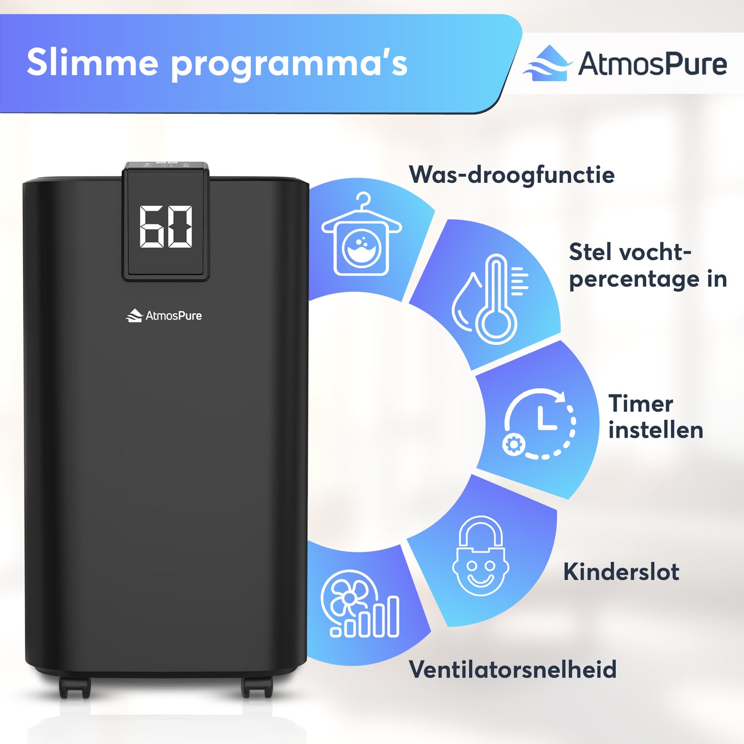 Déshumidificateur AtmosPure® AirDry Elite - 12L par jour - Fonction Lavage-Séchage - Purificateur d'air parfait pour la buanderie, la salle de bain, le salon et la cave - Noir - Déshumidificateur