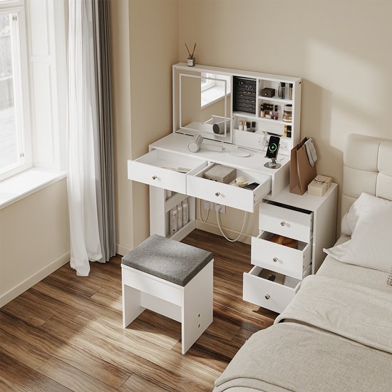 Bureau SoBuy avec miroir LED 120 x 40 x 127 cm - Blanc - 5 tiroirs - 1 porte