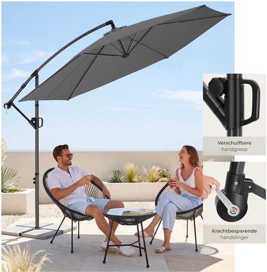 tectake® Parasol à pied flottant - 3 x 3 m - Parasol de jardin - Orientable - Polyester hydrofuge avec protection UV - Housse incluse - Gris