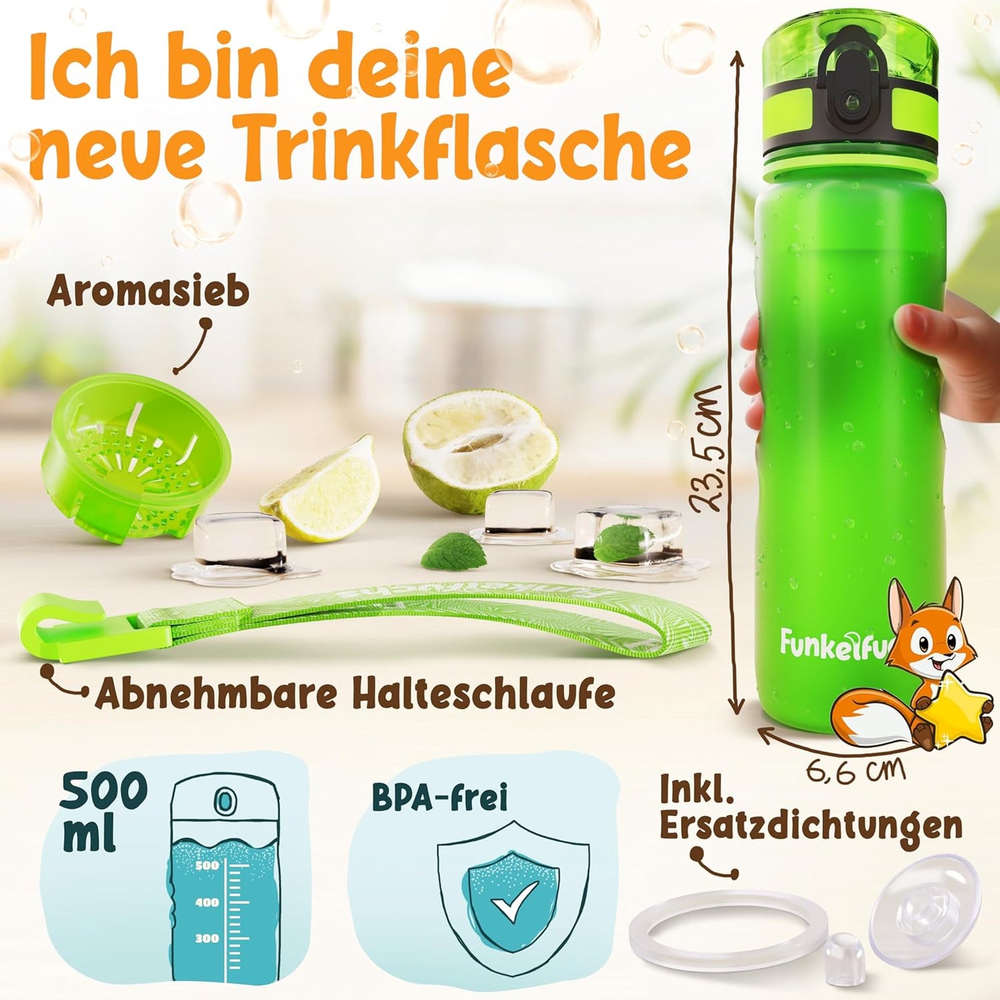 Funkelfuchs® - Bouteille pour enfants - 500ml, verte - gazeuse - 100% étanche - bouteille d'eau lavable au lave-vaisselle - pour le jardin d'enfants, l'école, le sport