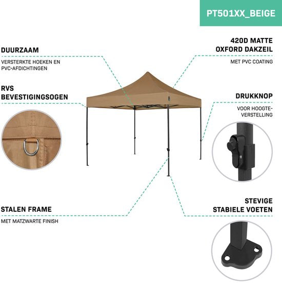 VONROC Party Tent - 3x3 m - Premium easy-up Party Tent - Modular Design - Foldable - Waterproof - Steel Frame - 50+ UV Protection - Incl. Storage Bag - Beige