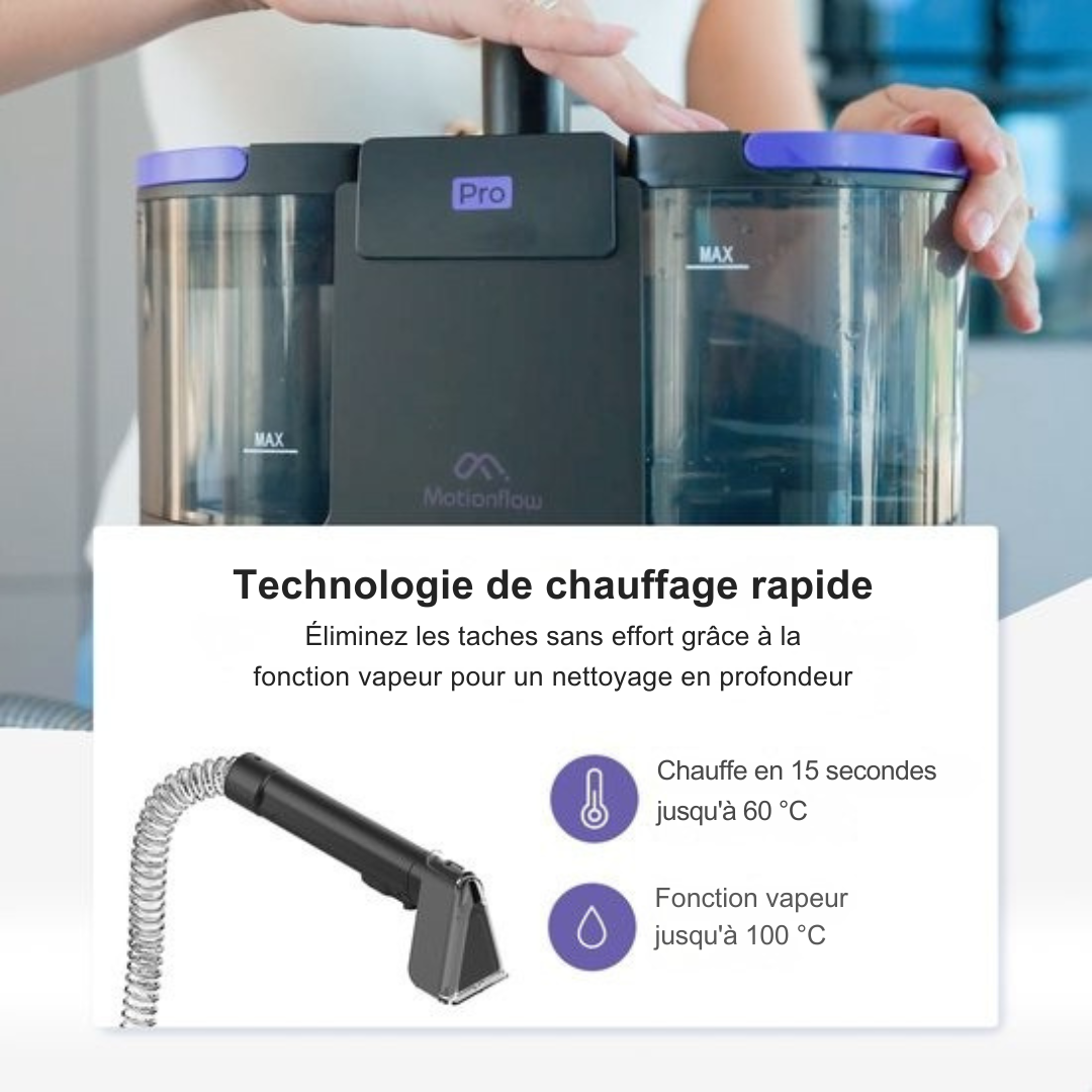 Nettoyeur de tapis PRO Motionflow - Nettoyage en profondeur avec fonction vapeur jusqu'à 100°C - Puissant nettoyeur de taches 1700W - Nettoyage pour sol, canapé, salle de bain et tapis - Produit nettoyant - Noir