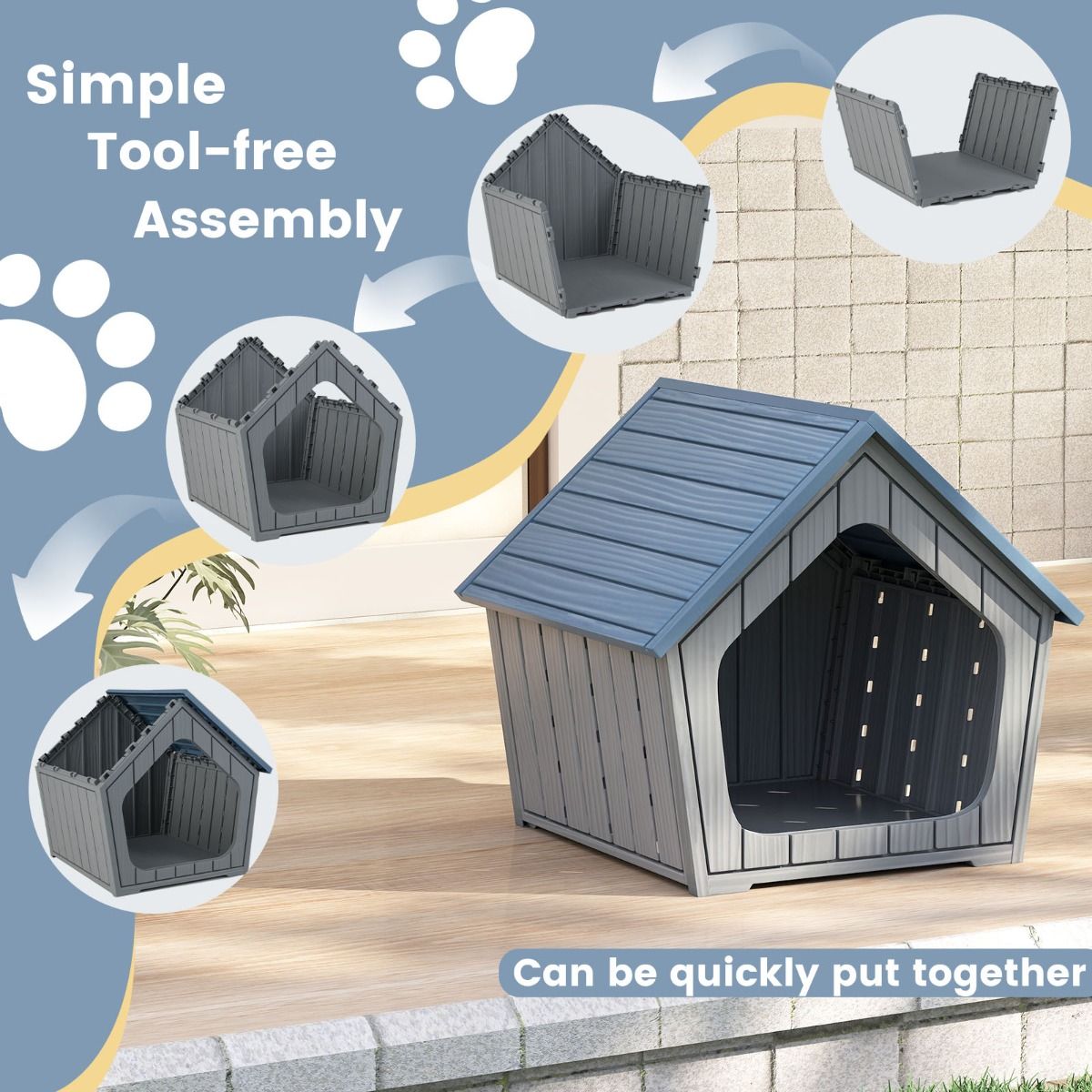 Maison pour chat Coast en plastique - Résistante aux intempéries - Grande entrée - Bleue et grise - 59,5 x 57 x 58 cm