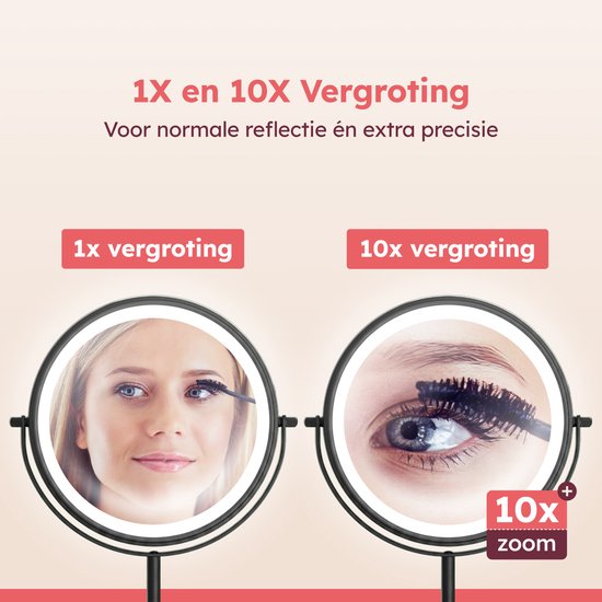 Miroir de maquillage Fraay® XXL avec éclairage LED - Grossissement 10x - Miroir grossissant avec éclairage - Rechargeable - Miroir de rasage - Miroir de salle de bains - Noir