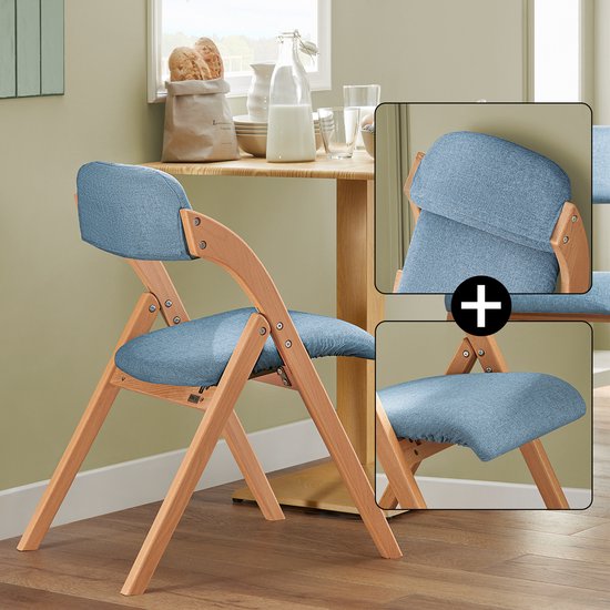 SoBuy Chaise pliante en bois avec coussin d'assise rembourré, chaise de bureau, chaise de salle à manger, Nature/Bleu, 47,5x77x59 cm, FST92-BL - pour salle à manger, balcon ou bureau