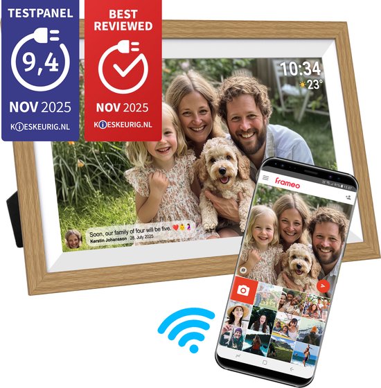 Cadre photo numérique Denver 15,6 pouces - XL - Full HD - Frameo App - Cadre en bois - WiFi - 32GB - IPS Touchscreen - PFF1505