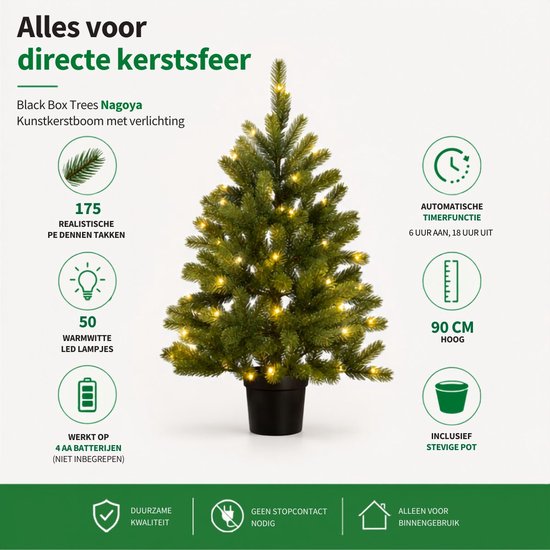 Black Box Trees Nagoya : sapin de Noël artificiel avec éclairage - Sapin artificiel H 90 x P 42 cm - Sapin de Noël artificiel dans un pot en plastique - Décoration de Noël d'intérieur - Avec pile et minuterie - 175 branches - Vert
