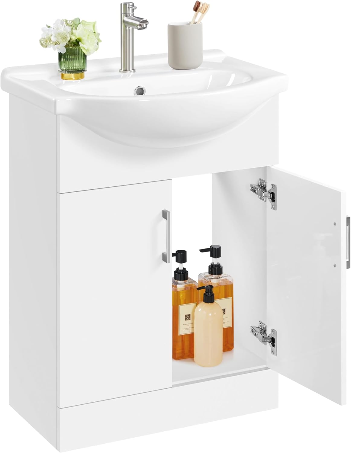 Meuble de salle de bains Yaheetech avec lavabo - Blanc brillant - 61 x 43,5 x 84 cm - Meuble indépendant, lavabo en céramique