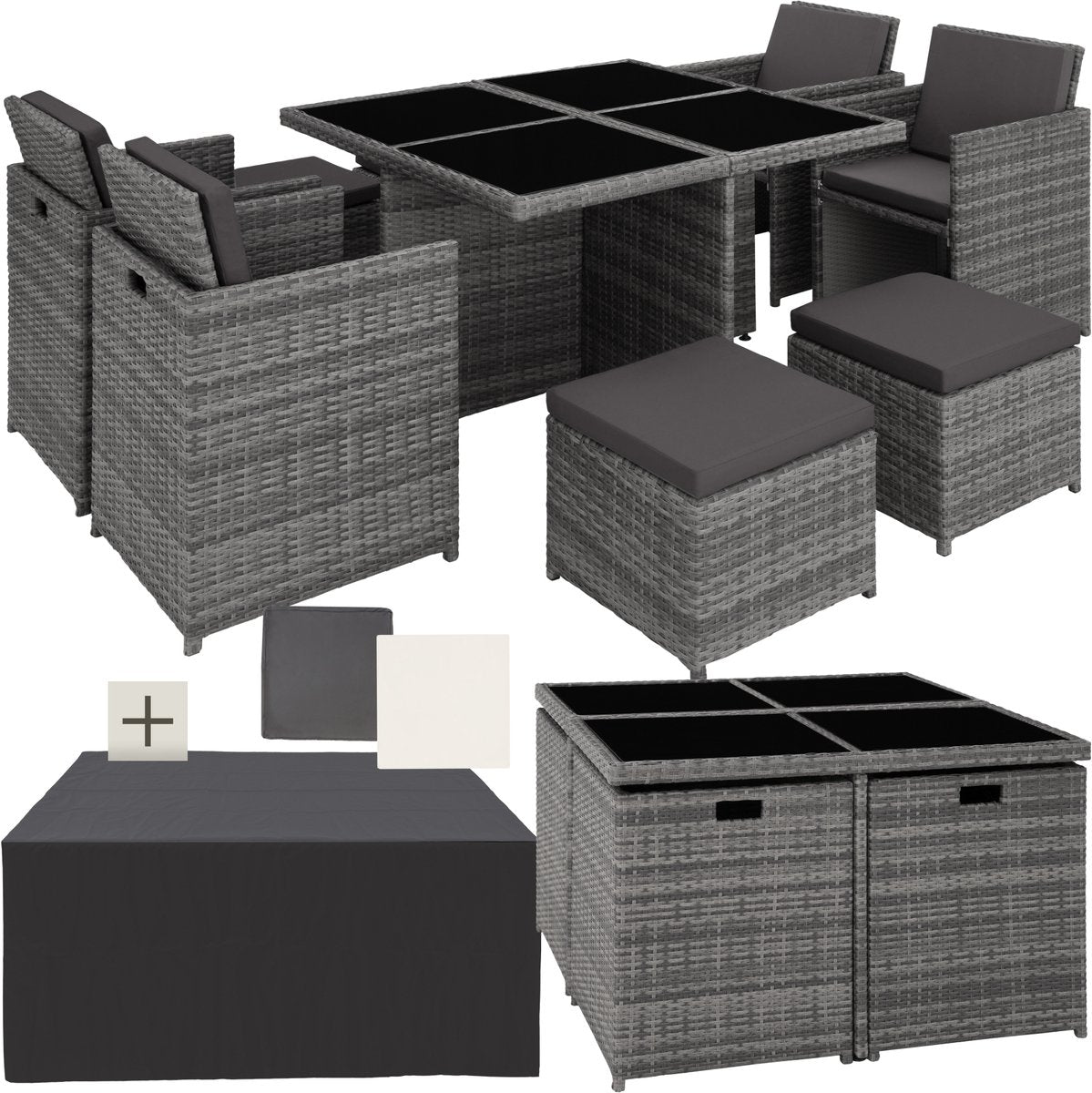 Ensemble de salon en osier Tectake Manhattan - 4 chaises, 4 tabourets, une table - Gris