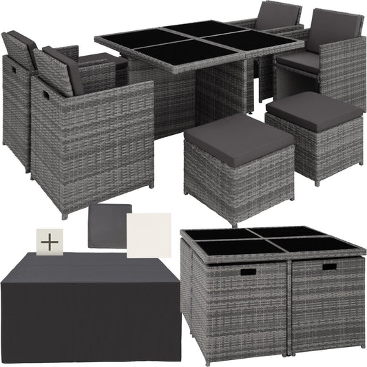Ensemble de salon en osier Tectake Manhattan - 4 chaises, 4 tabourets, une table - Gris