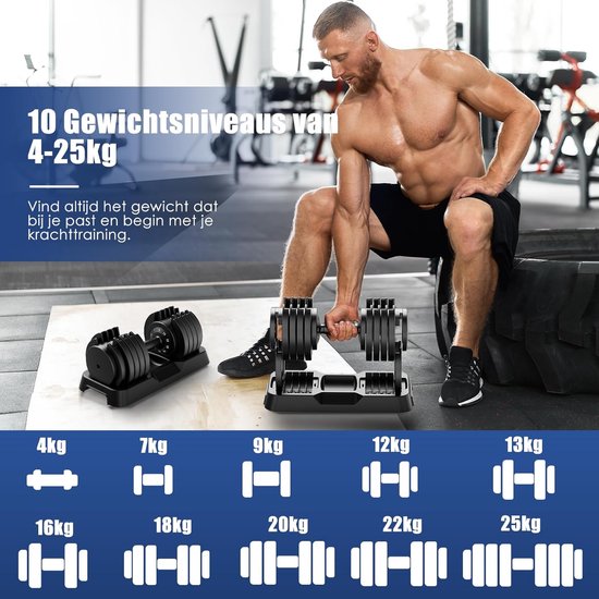 Ensemble d'haltères réglables DH FitLife 25 kg | 2 pièces | Poids variables 10 en 1 | Haltères réglables de 4 à 25 kg | Musculation, ensemble d'haltères courts avec disques peu encombrants pour l'entraînement à domicile, Haltères courts réglables