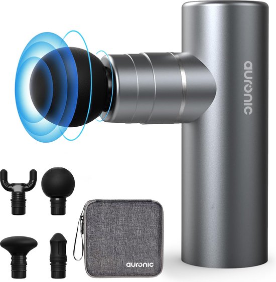 Auronic Massage Gun - Appareil de massage - Professionnel - 4 accessoires et étui - Pistolet de massage - Corps entier - Gris