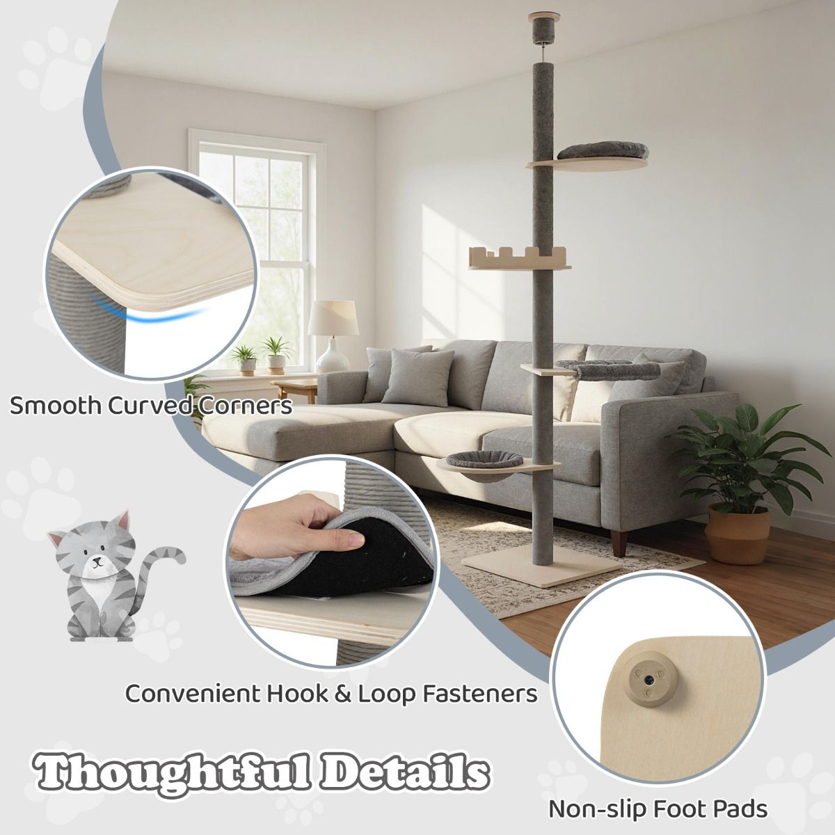 Arbre à chat Coast, sol-plafond, 5 niveaux, hauteur réglable de 236 à 271 cm - Gris