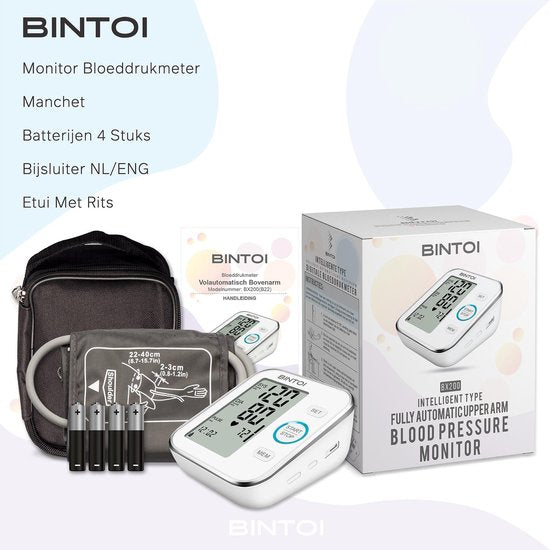 Bintoi® BX200 - Tensiomètre pour le bras - Cardiofréquencemètre - Sac de rangement et piles inclus - 2 utilisateurs