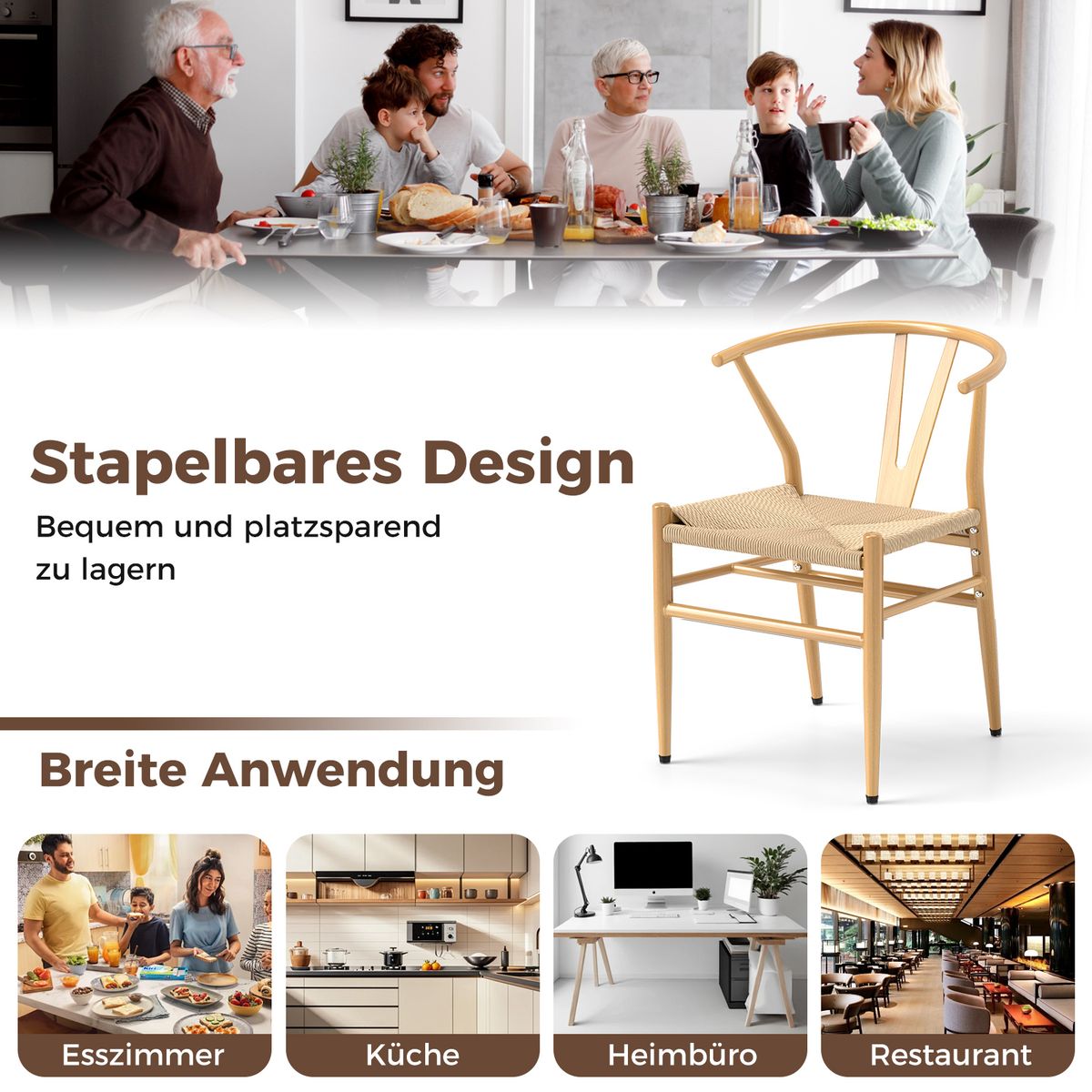 Lot de 2 chaises de salle à manger Coast - Dossier en forme de Y - Assise en rotin tressé - Couleur naturelle
