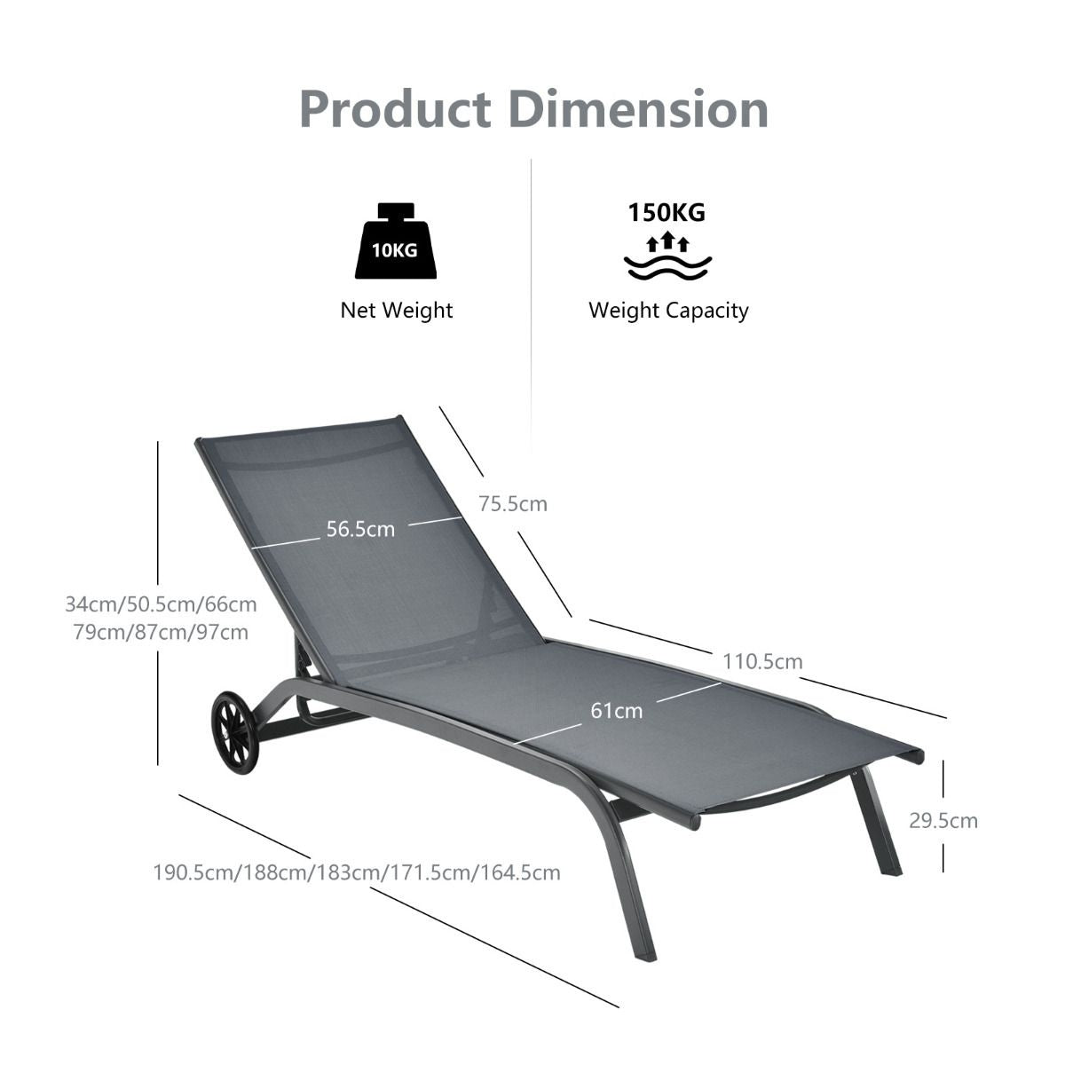 Coast Chaise longue sur roulettes -Max. 150 kg - Métal - Gris