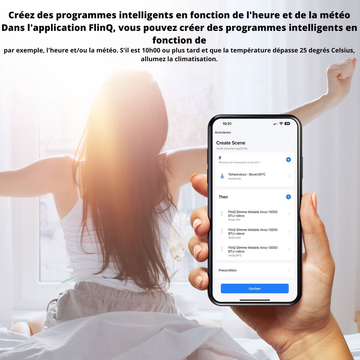 Climatiseur Mobile Intelligent FlinQ avec Tuyau de Drainage – 13 000 BTU – Fonction Sommeil Silencieux – Rafraîchit jusqu’à 50 m² – Avec Application et Télécommande – 41,5 x 41,8 x 79 cm – Blanc