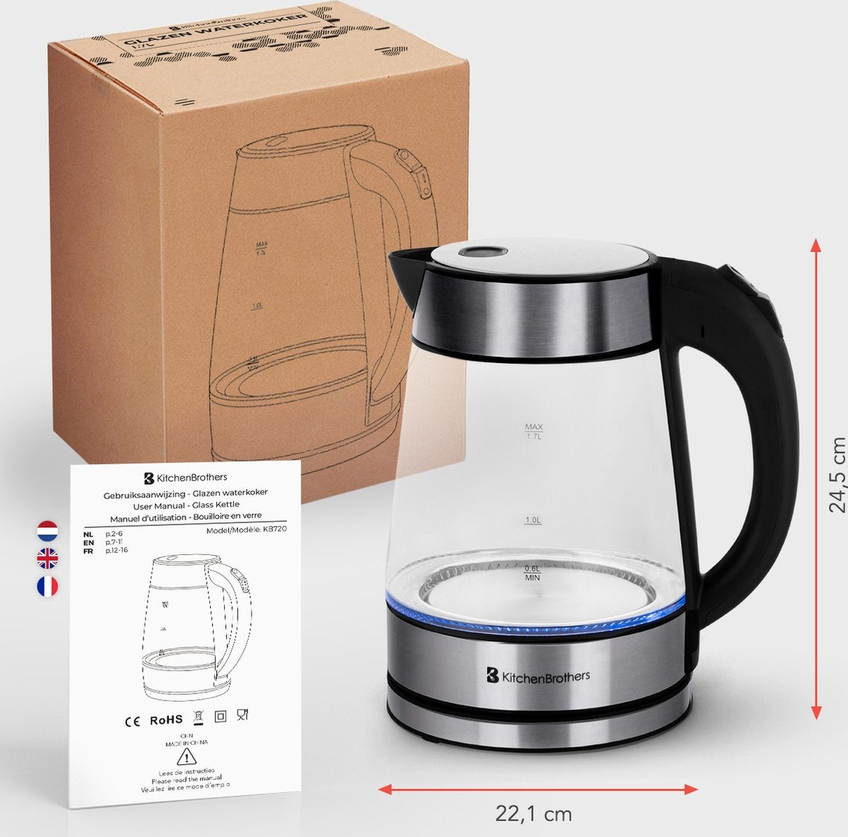 Bouilloire électrique - KitchenBrothers - 1,7L - 2200W - Verre - Acier Inoxydable