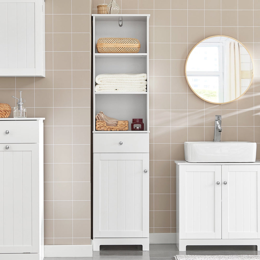 SoBuy BZR17-W Meuble de salle de bain haut - Tiroir, porte et étagères - Blanc - 40x150x33 cm