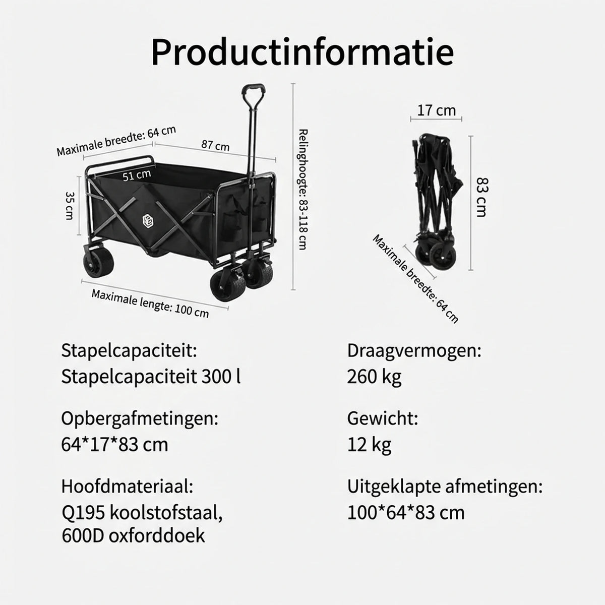 ochama Campingwagen 150L - Chariot pliable équipé de roulements à billes - Capacité de charge de 260 kg - Capacité de chargement de 300 L - Noir