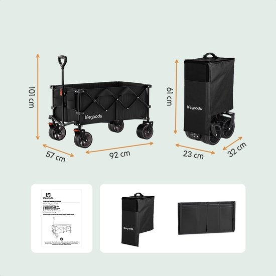 Chariot à roulettes - LifeGoods - XL - pliable - 200L - 150KG de capacité de charge - Noir