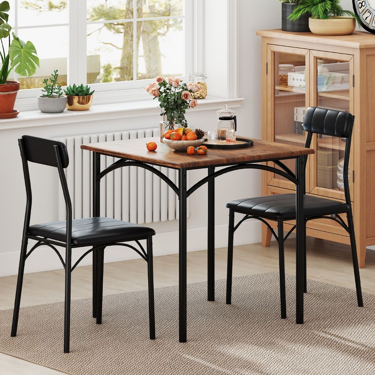 Ensemble de salle à manger Coast - table carrée avec 2 chaises - revêtement en simili cuir - noir et marron rustique