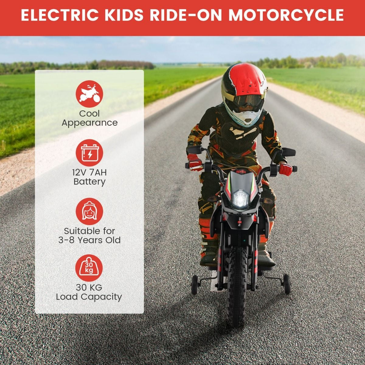 Moto électrique Aprilia-Licence pour enfants - Coast - avec 2 roues d'entraînement - avec musique pour enfants 3-8 ans - Moto à batterie 12V