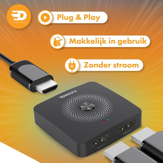 Drivv. Commutateur HDMI - 2 entrées 1 sortie / 1 entrée 2 sortie - bidirectionnel - Supporte 720p/1080p/4K/3D - Noir